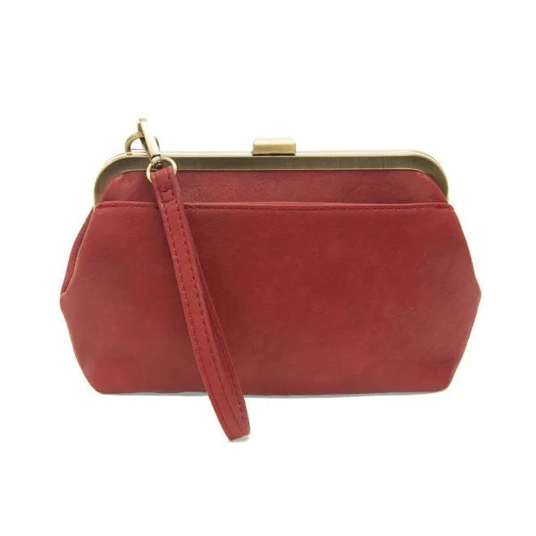 Red suede vivie kisslock convertible crossbody wristlet with gold-toned frame and matching wrist strap