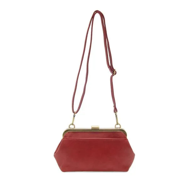 Vivie kisslock convertible red suede clutch bag with gold-tone frame and strap for convertible crossbody wristlet use
