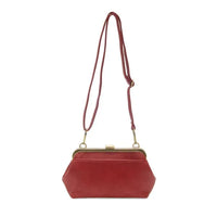 Vivie kisslock convertible red suede clutch bag with gold-tone frame and strap for convertible crossbody wristlet use