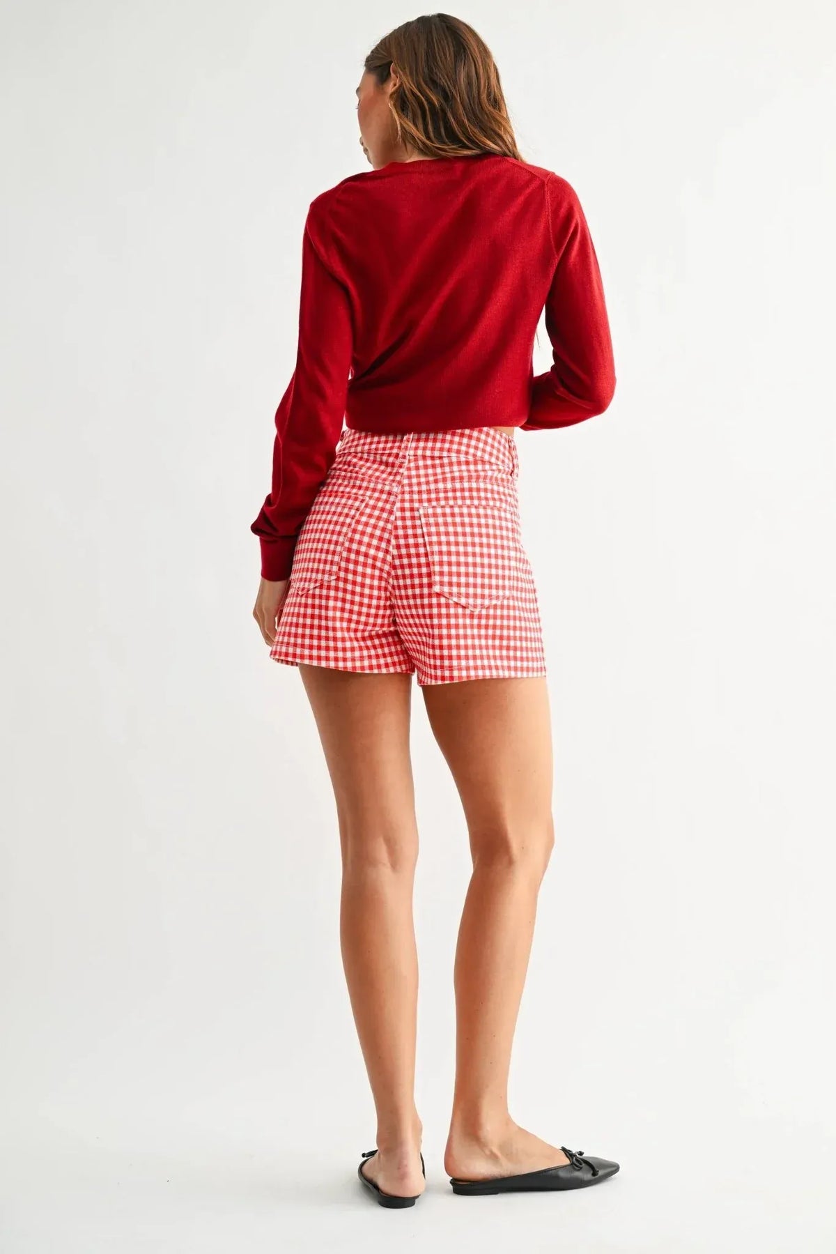 High rise utility cargo short in red and white gingham with classic check pattern and functional pockets