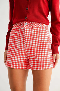 High rise utility cargo short in red and white gingham with button closure and front pockets for casual wear