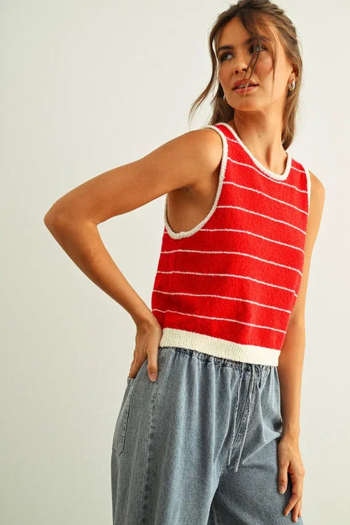 Short sleeve wide pinstriped tank top, red white horizontal stripes
