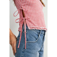 Red and white plaid checkered ladder lace blouse with frayed hem and tied side ties for casual wear