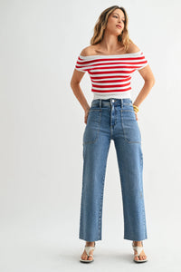 Red and white striped off-the-shoulder top paired with nautical wide leg denim high rise jeans
