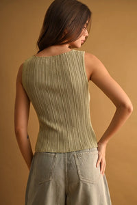 Ribbed knitted top in olive green viscose with sleeveless design rounded neckline and slightly flared hem for boho chic style