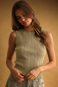 Ribbed knitted sleeveless top in olive green with high neckline made from viscose ribbed knit for boho chic clothing style