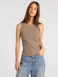 A ribbed taupe sleeveless cotton edlin basic tank with a rounded neckline from thread and supply