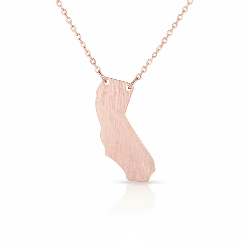 Rose gold California state pendant necklace with brushed finish