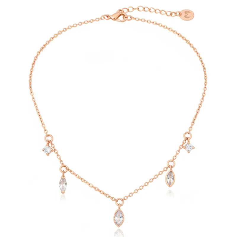Delicate rhinestone station necklace in rose gold with marquise and square crystals