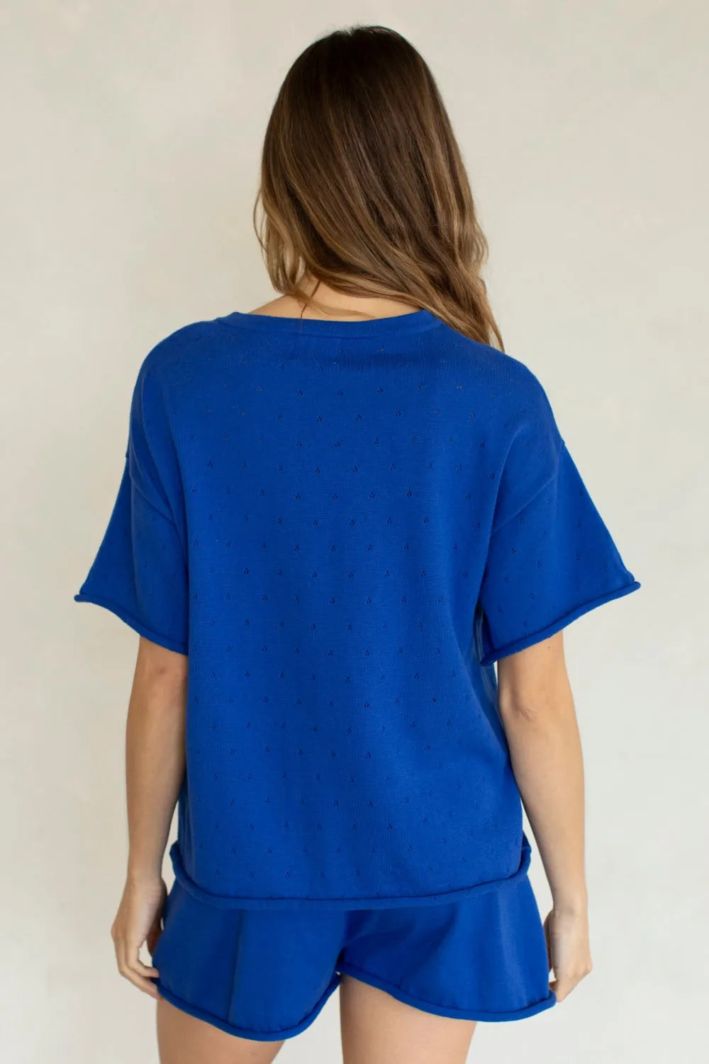Royal blue katie pointelle short sleeve top with oversized fit and subtle textured pattern in lightweight fabric