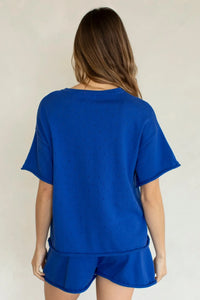 Royal blue katie pointelle short sleeve top with oversized fit and subtle textured pattern in lightweight fabric