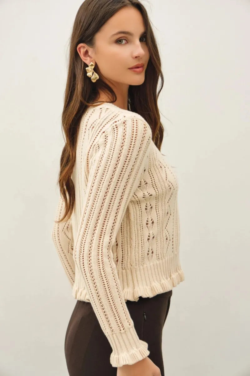 RUFFLED POINTELLE CROP CARDIGAN