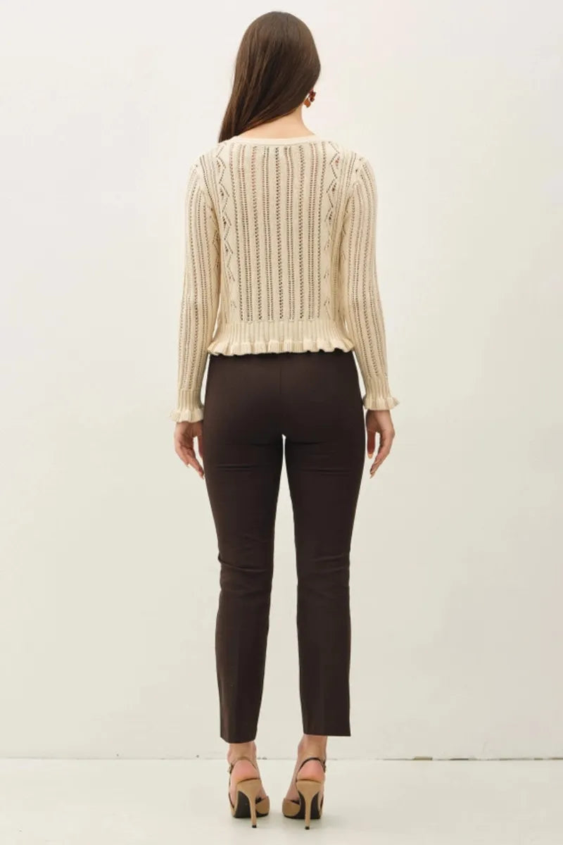 RUFFLED POINTELLE CROP CARDIGAN