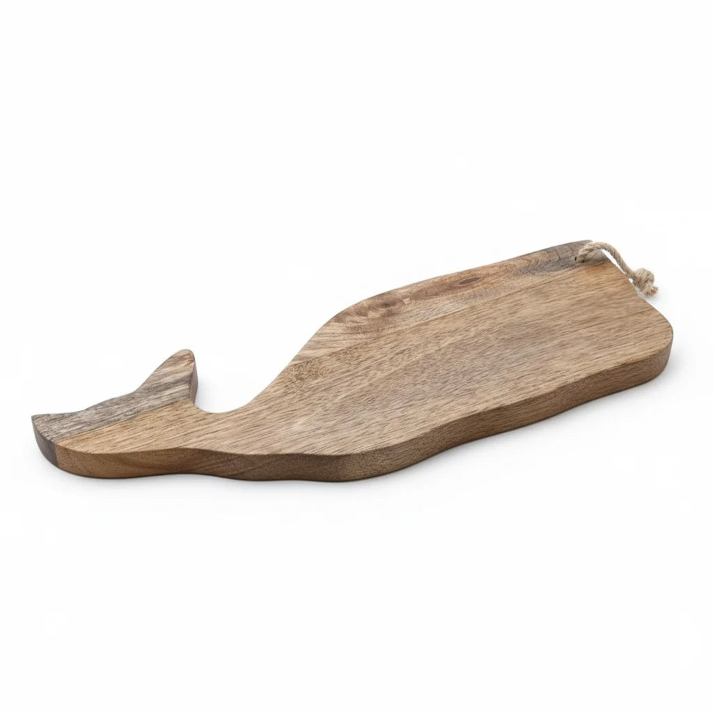 Whale-shaped mango wood cutting board with rope handle
