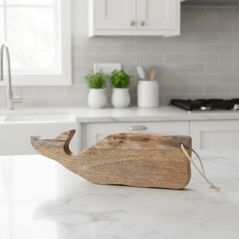Whale-shaped mango wood cheese cutting board with rope handle