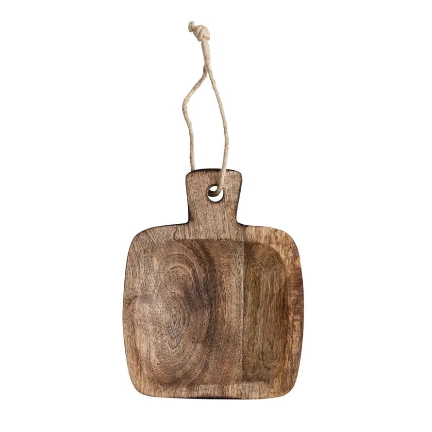 Hand-carved mango wood serving board with handle and jute tie
