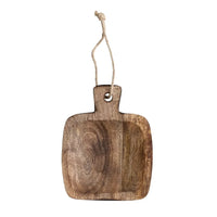 Hand-carved mango wood serving board with handle and jute tie