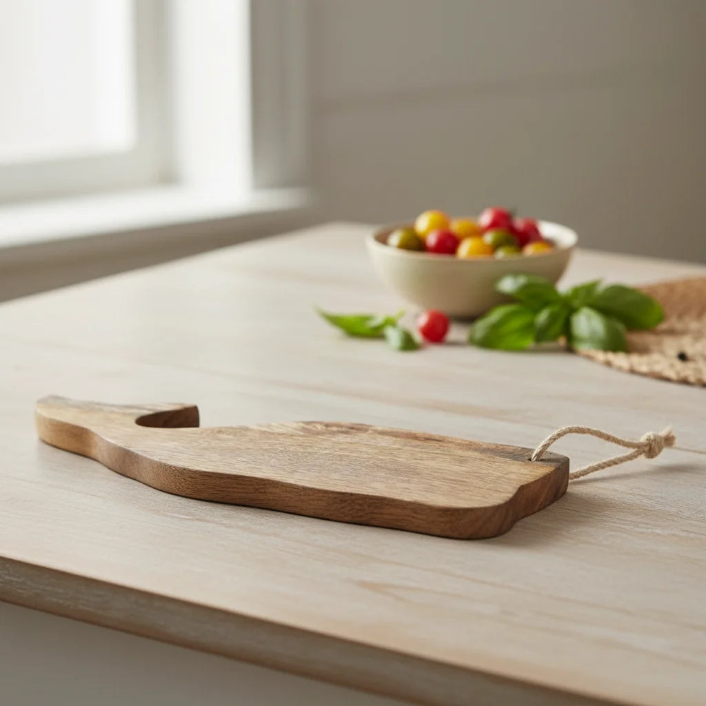 Rustic whale-shaped mango wood cutting board with rope handle