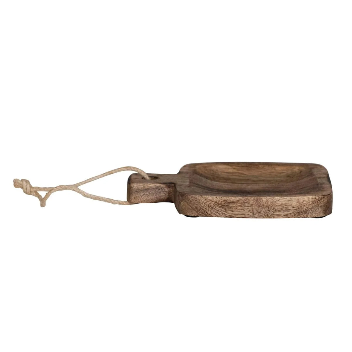 Rustic mango wood serving board with jute-tied handle