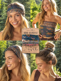 A set of four colorful boho bandanas with floral riviera batik blue patterns in shades of pink and brown from natural life
