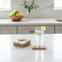 Hand-carved wood coasters set of 4 with marble tops and leaf engravings