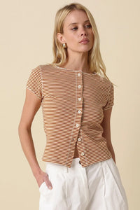 Tahni striped button-front top with short sleeves tan and brown striped pattern and frayed edges
