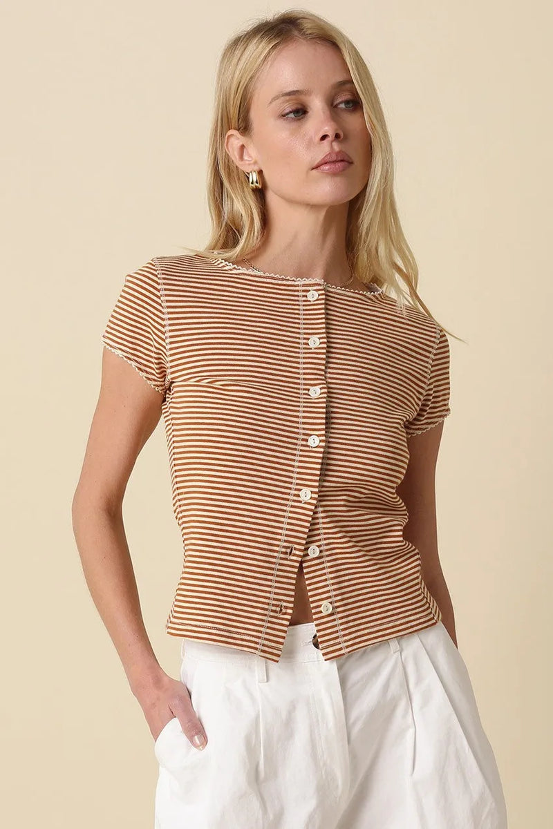Tahni striped button-front top with short sleeves tan and brown striped pattern and frayed edges