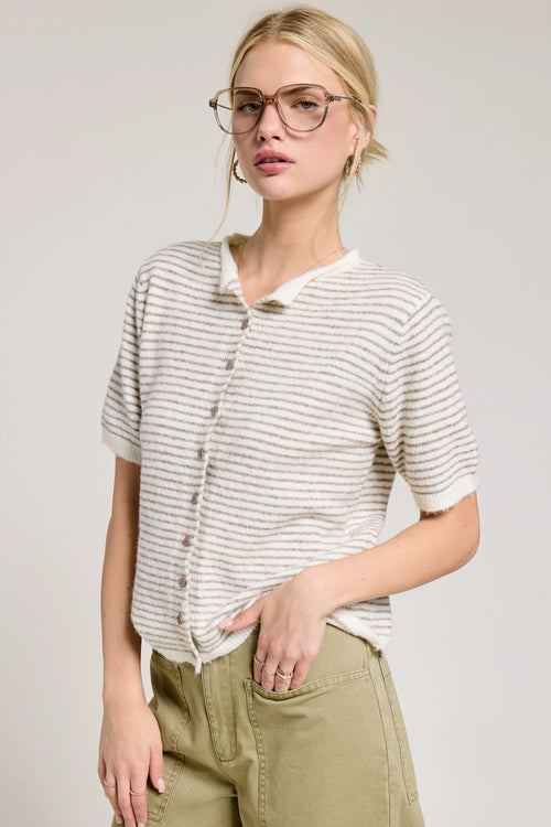 Striped short sleeve button cardigan in textured knit fabric with cream collar and horizontal gray stripes