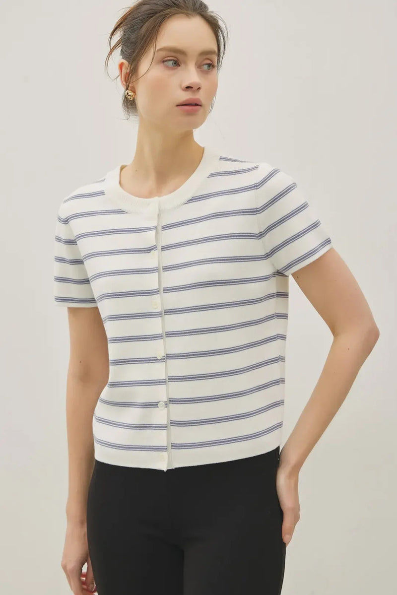 Striped short sleeve cardigan in cream with navy stripes