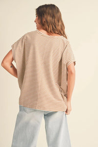 A loose-fitting striped pattern short sleeve top in beige and cream with horizontal stripes for casual wear