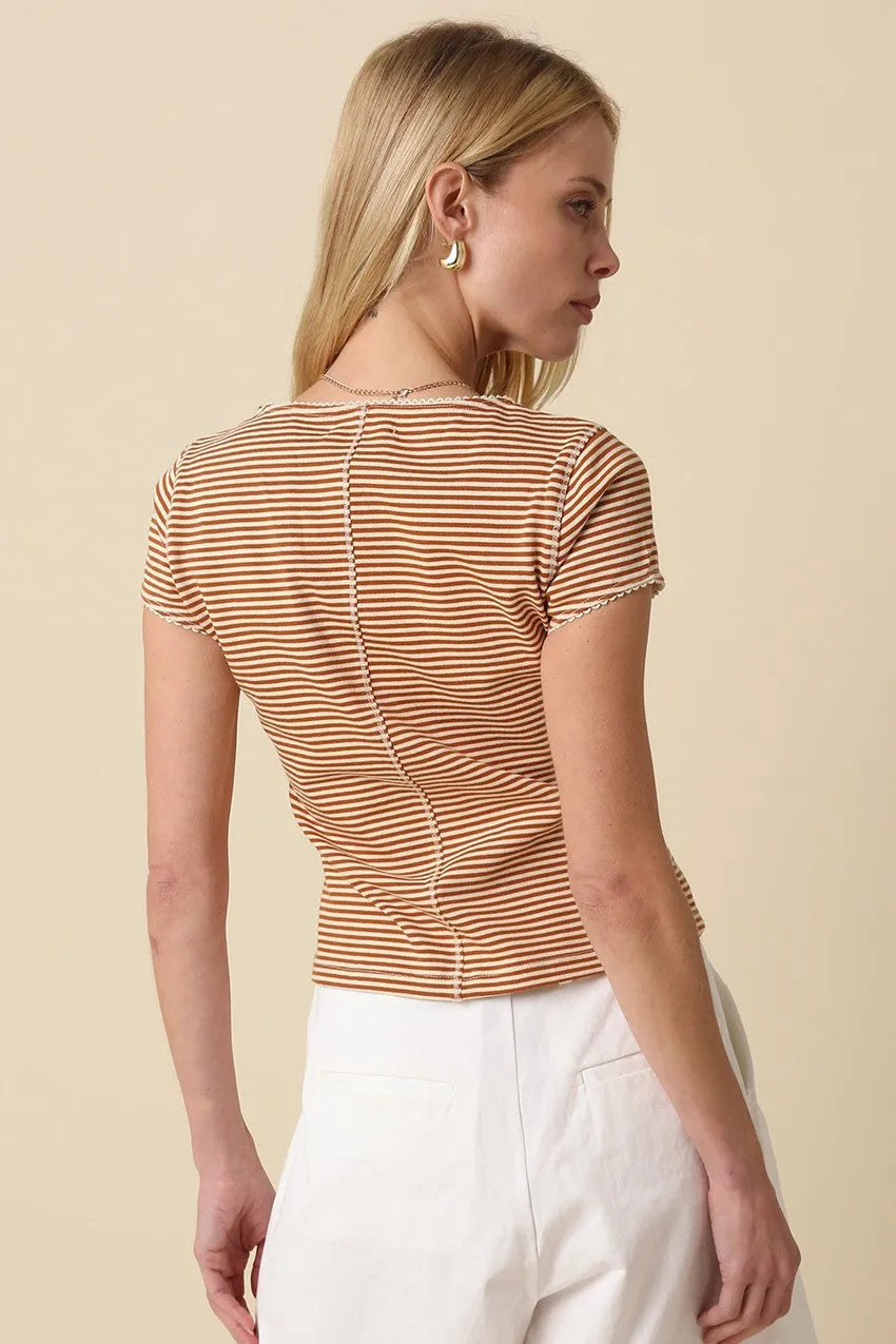 A tahni striped button-front short-sleeved top in tan and cream made of stretchy fabric