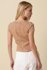 A tahni striped button-front short-sleeved top in tan and cream made of stretchy fabric