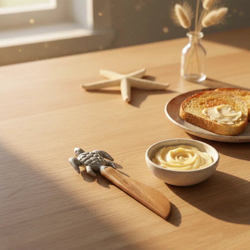 Decorative sea turtle spreader knife with silver blade and wooden handle on table