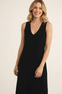 Sleek black sleeveless casual v-neck midi dress with flowing fabric