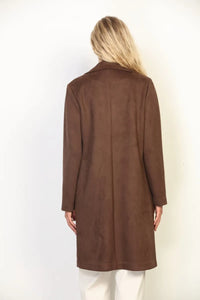 A sleek chocolate-brown wool-blend duster coat with double-breasted silhouette and notched lapels for women’s boho chic clothing