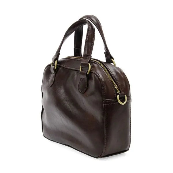 Regina mini satchel crossbody in dark brown leather with gold hardware and a structured rounded shape