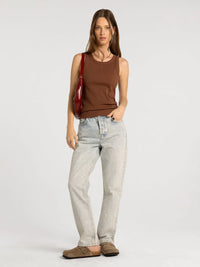 A sleek glossy red shoulder bag with structured design and stitching complementing the edlin basic tank style