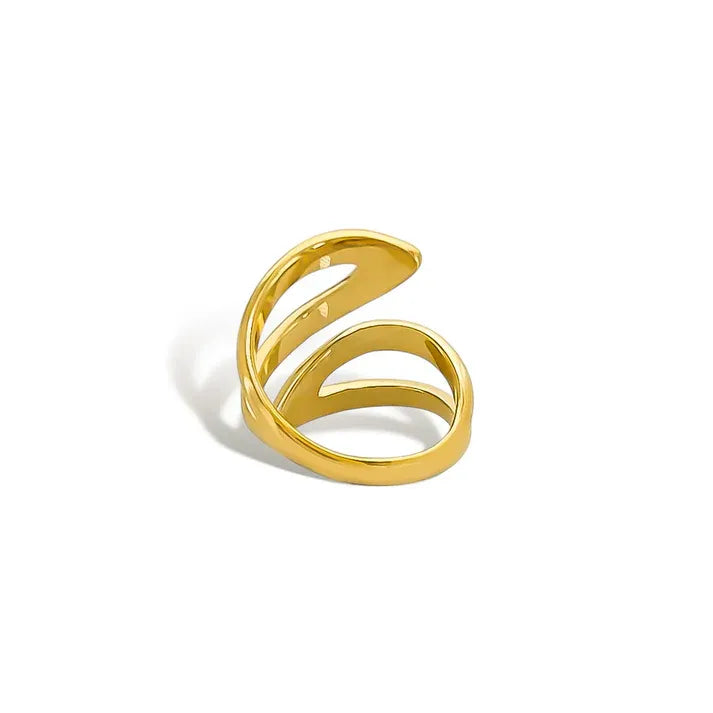 Water resistant two teardrop shapes gold ring with open interwoven bands