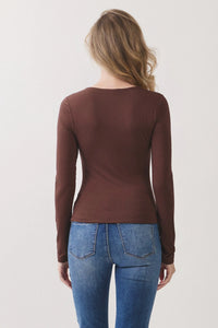 A sleek brown double layer v neck long sleeve basic top with fitted silhouette and subtle seam detailing