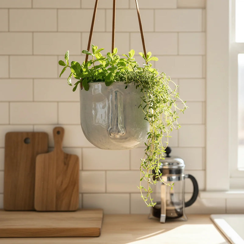 Abstract Face Ceramic Hanging Planter - Matte Gray Boho Pot