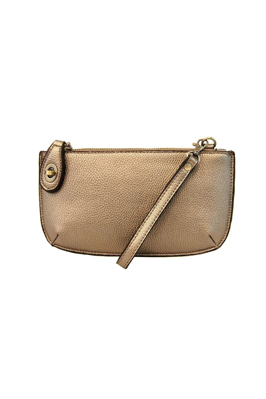 Mini crossbody wristlet clutch in metallic gold pebbled leather with zipper closure and wrist strap from shop daisy