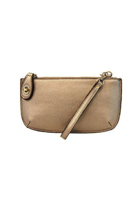Mini crossbody wristlet clutch in metallic gold pebbled leather with zipper closure and wrist strap from shop daisy