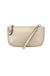A sleek metallic gold textured leather mini crossbody wristlet clutch with matching strap and zipper closure perfect for card slots