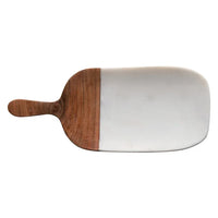 Sleek marble cheese board with wood handle, white surface and brown grip