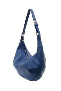 A sleek navy blue leather leo crescent shoulder bag with gold hardware and an adjustable strap