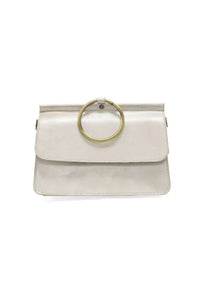 A sleek off-white leather aria ring bag with a gold-toned circular handle and interior zip compartments
