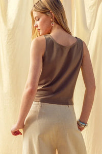 Sleek olive-green cowl neck sleeveless top in flowing fabric