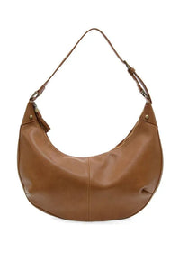 A sleek tan leather leo crescent shoulder bag with a curved silhouette and adjustable strap