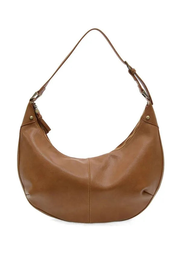 A sleek tan leather leo crescent shoulder bag with a curved silhouette and adjustable strap