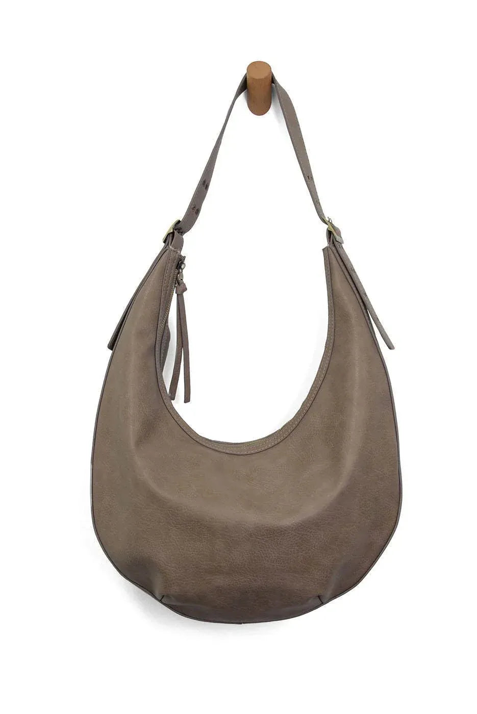 A taupe leather nadia buckle large hobo bag with a curved silhouette, buckle detail, and zip closure